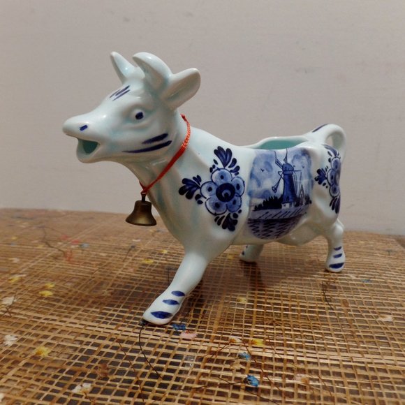 Vintage Porcelain Blue Glazed Delft Cow Creamer DBL Crown Logo w/Bell - Picture 2 of 12